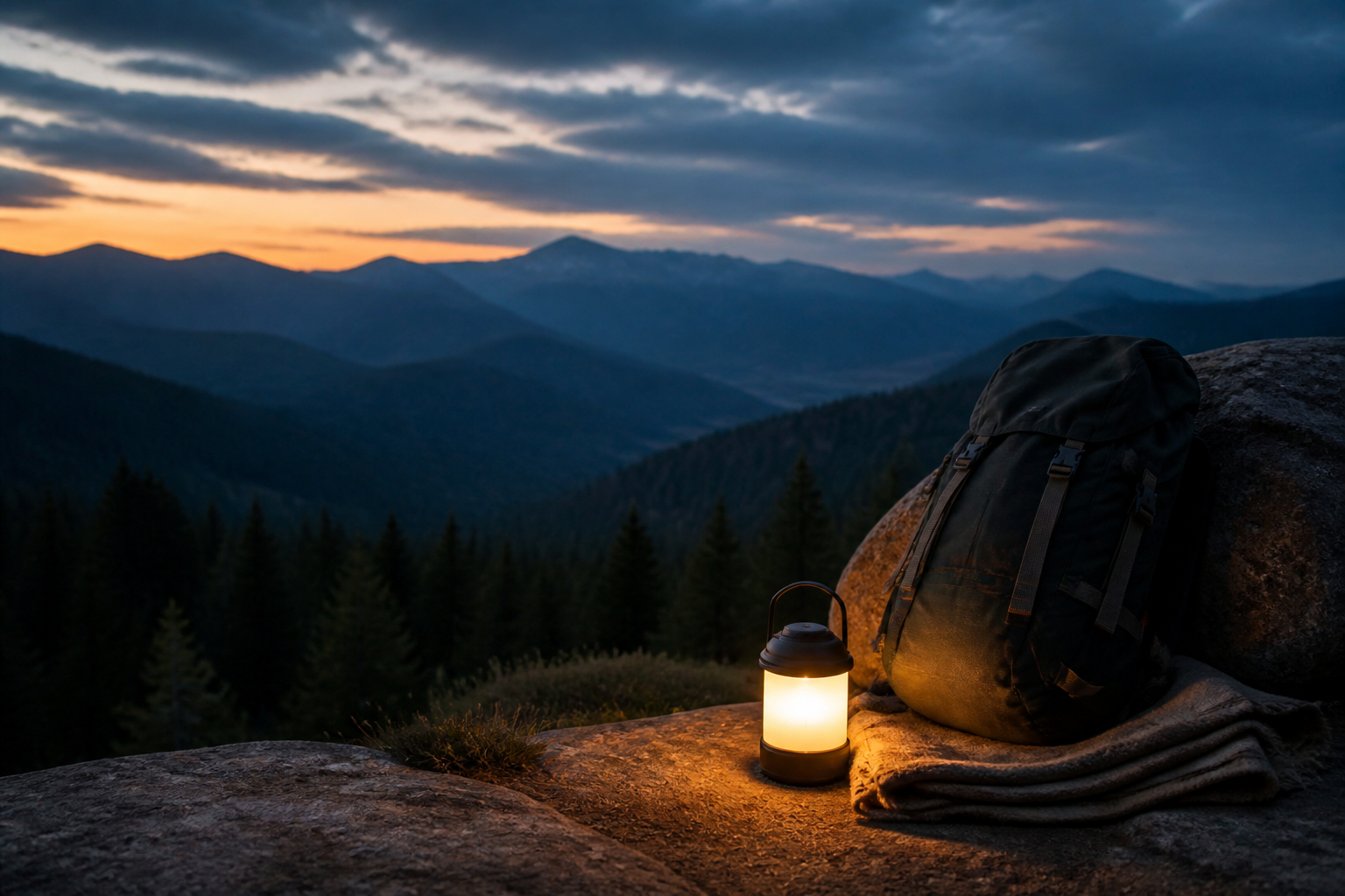 Camping equipment overlooking mountain ridges at dusk